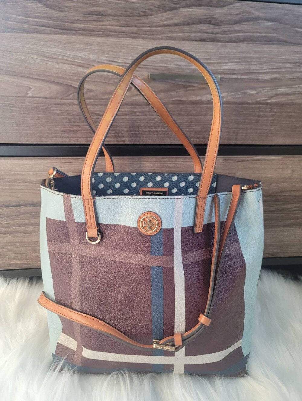 Tory Burch Kerrington Square Plaid Tote Bag, Burgundy, Blue